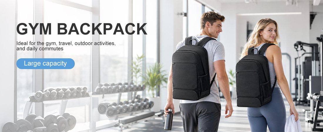 Two people carrying black VGCUB backpacks through a bright gym with racked dumbbells behind them