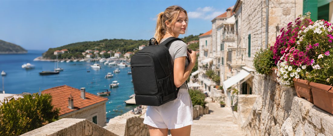 A traveller carrying a black VGCUB backpack down a stone staircase in a coastal town above a harbour