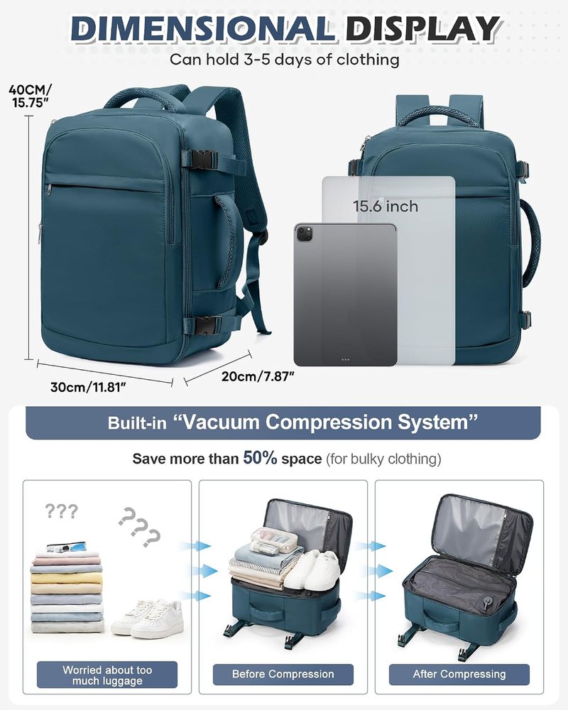 Diagram of the VGCUB 40 litre compression backpack showing compression before and after, with dimensions