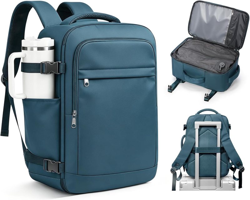 VGCUB 40 litre vacuum compression backpack in peacock blue, flight approved carry-on with a hand pump