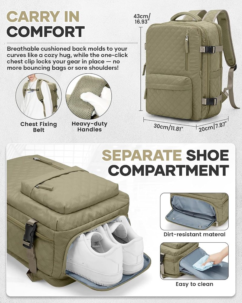 Diagram of the VGCUB khaki backpack showing the cushioned back panel, chest clip and grab handles