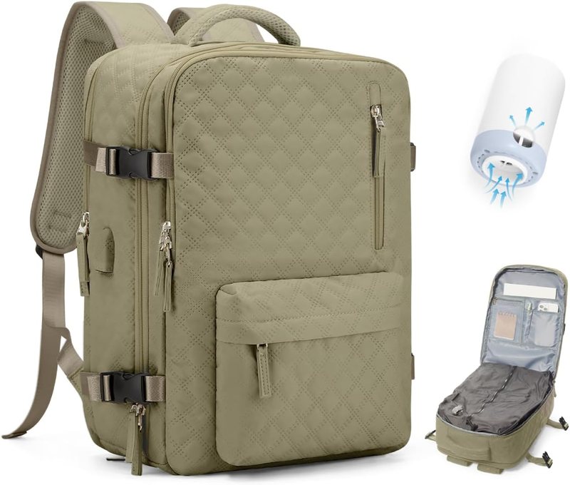 VGCUB vacuum compression backpack in khaki with a separate shoe compartment and chest clip