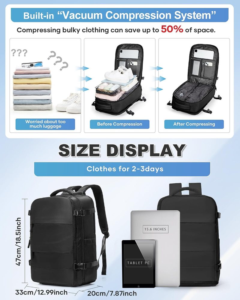 Diagram of the VGCUB 18 by 14 by 8 inch vacuum backpack shown against a 15.6-inch laptop for scale