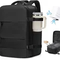 VGCUB vacuum compression backpack in black with its air pump, sized 18 by 14 by 8 inches as a personal item