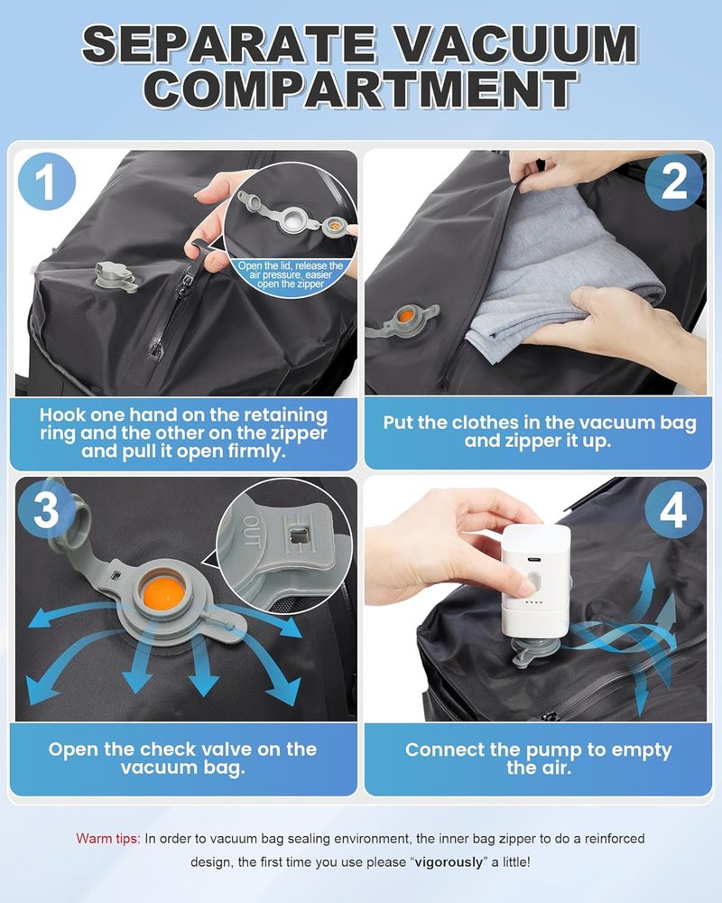 Diagram of the sealed vacuum compartment in a VGCUB backpack with a note about closing the zip firmly