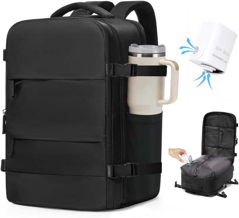 VGCUB vacuum compression backpack in black with its air pump, sized 18 by 14 by 8 inches as a personal item