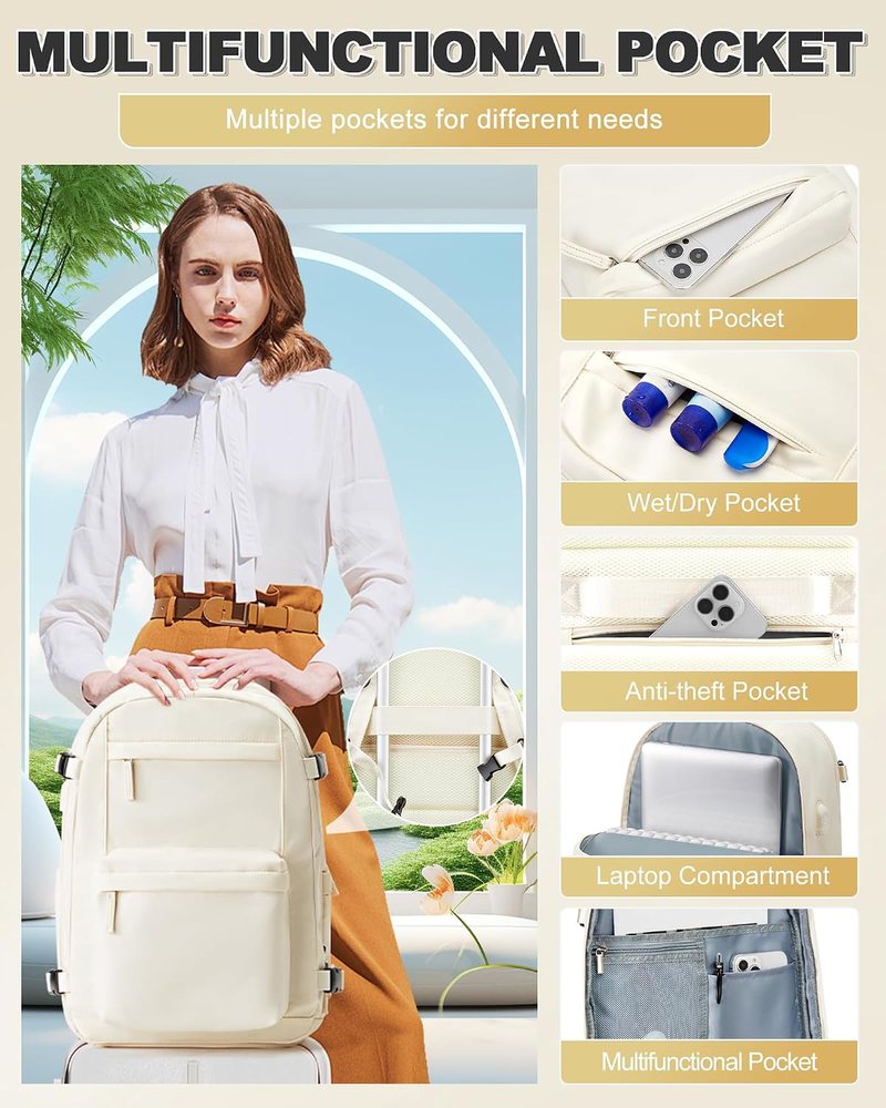 Diagram of the VGCUB beige backpack interior showing the laptop compartment, wet-dry pocket and anti-theft pocket