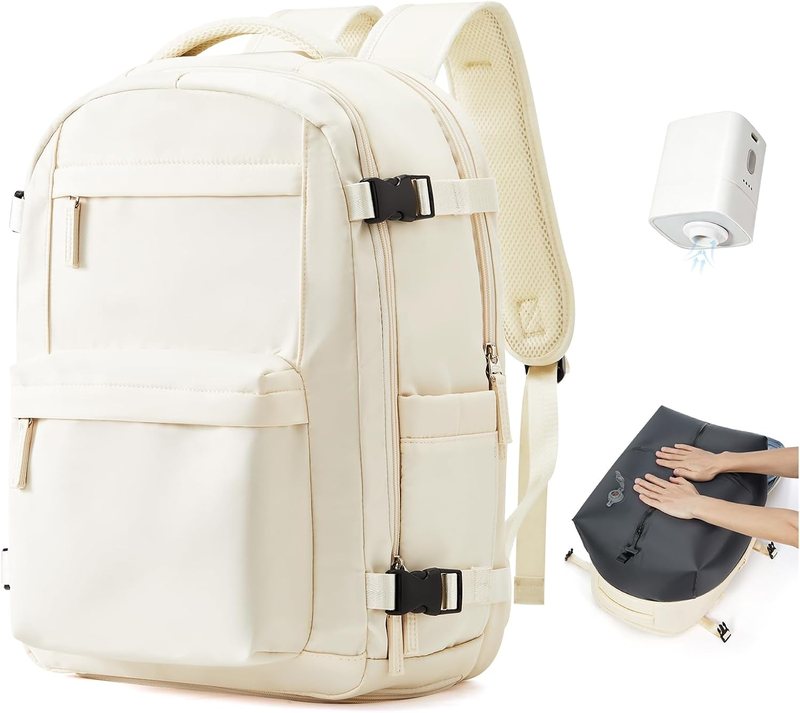 VGCUB vacuum compression backpack in beige with an external USB charging port and wet-dry pocket