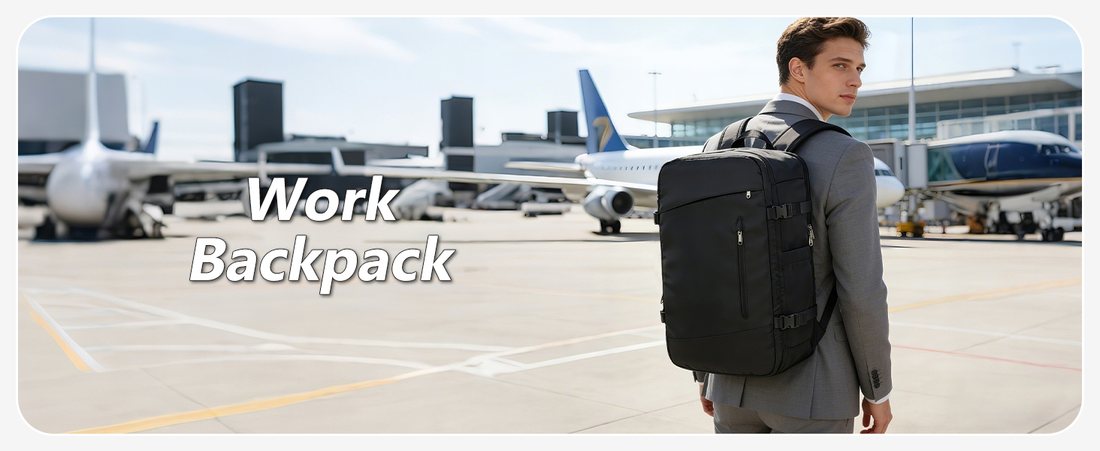 A traveller in a suit carrying a black VGCUB work backpack across an airport apron with aircraft behind